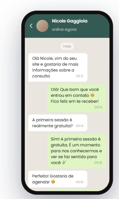 Exemplo de conversa de WhatsApp para agendamento com Nicole Gaggiola